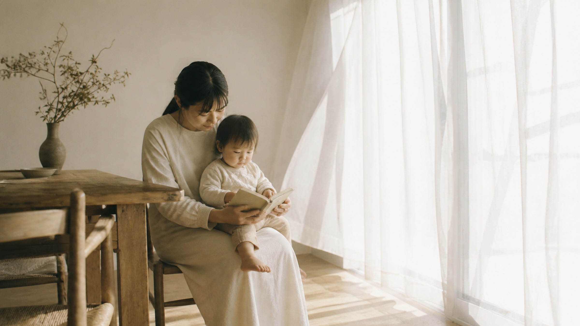 窓辺で子どもに本を読む母親