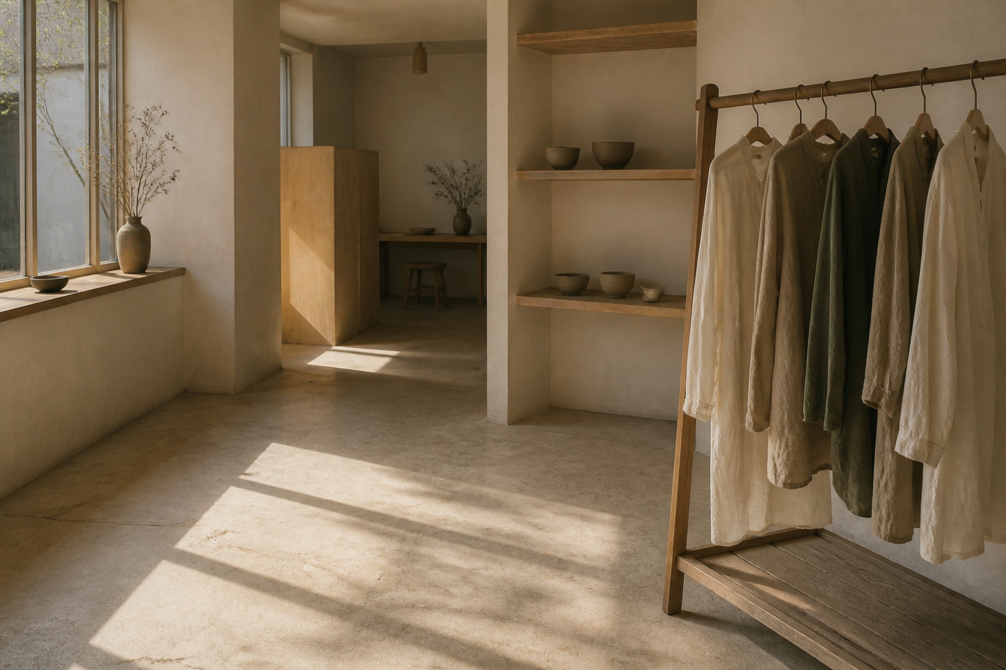 リネンの服が並ぶ小さなショップの店内
