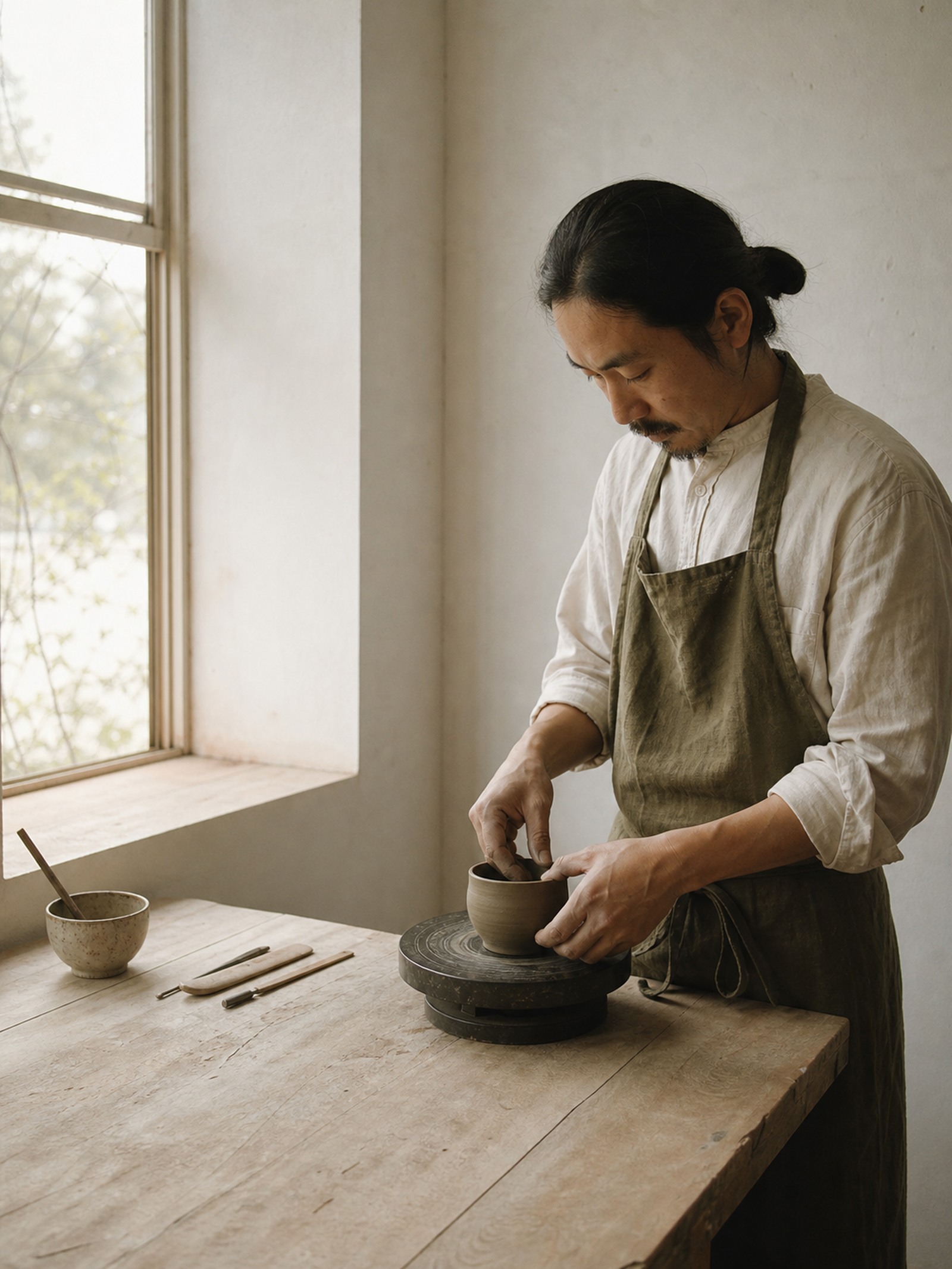 窓辺の作業台で器をつくる陶芸作家